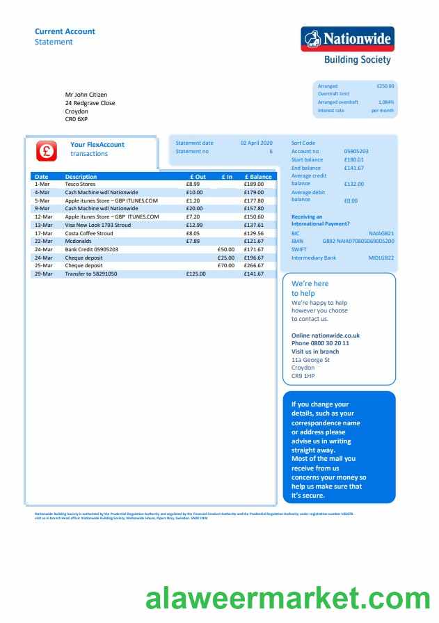 United Kingdom Nationwide bank statement template in Word and PDF file format